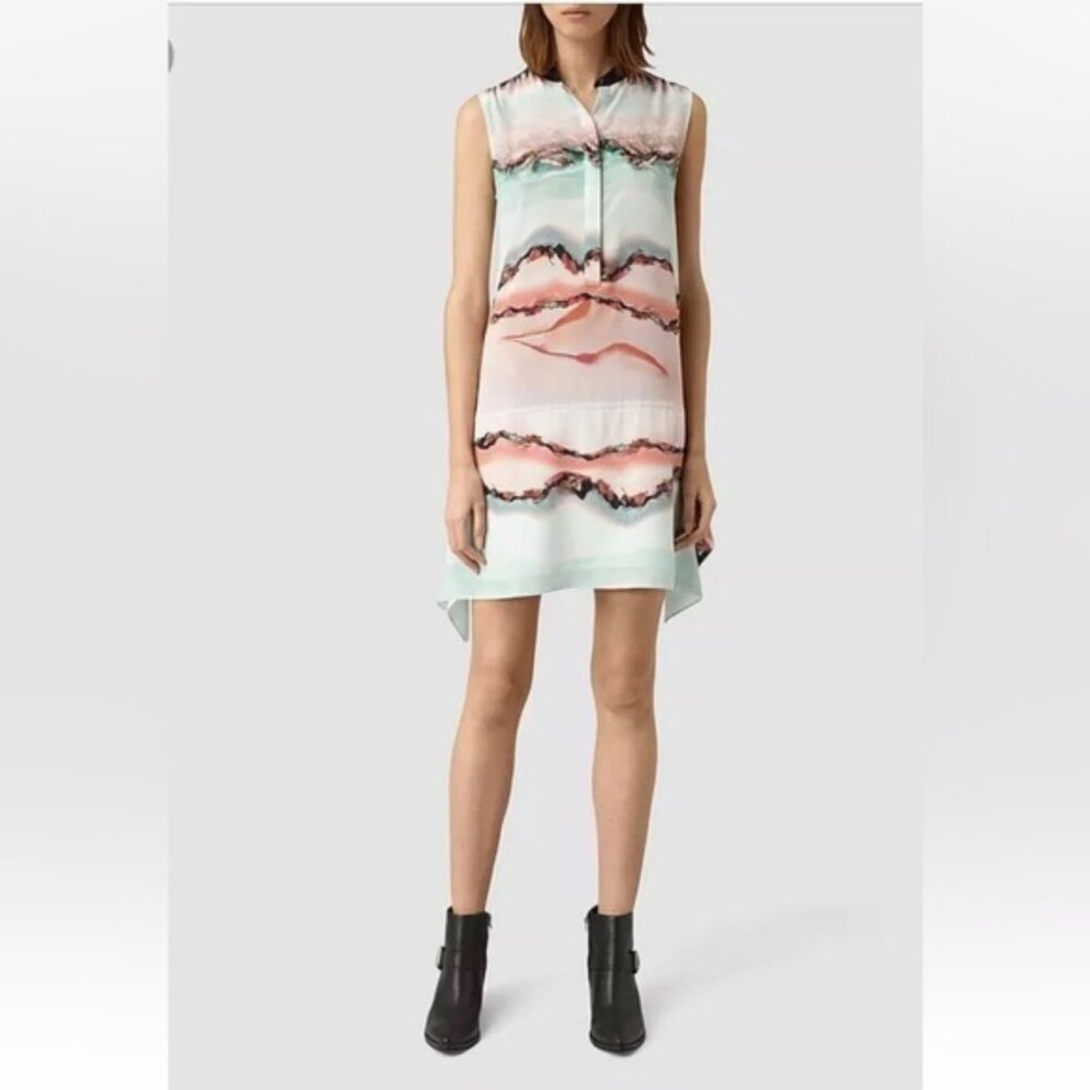 All Saints Isha Crystal Silk Asymmetric Dress Buttons Flowy ALine Neutral Crew 4